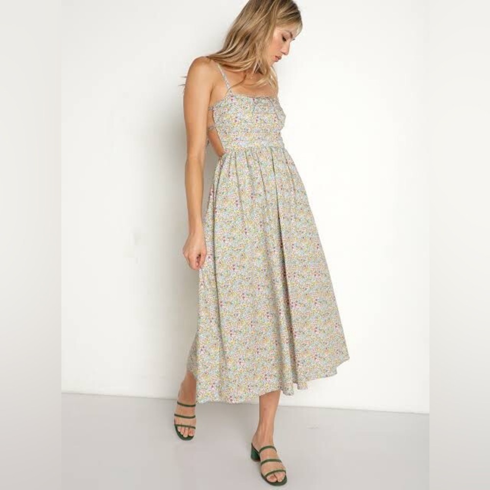 For Love & Lemons Floral Midi Dress in Cream with Multi-Color Print